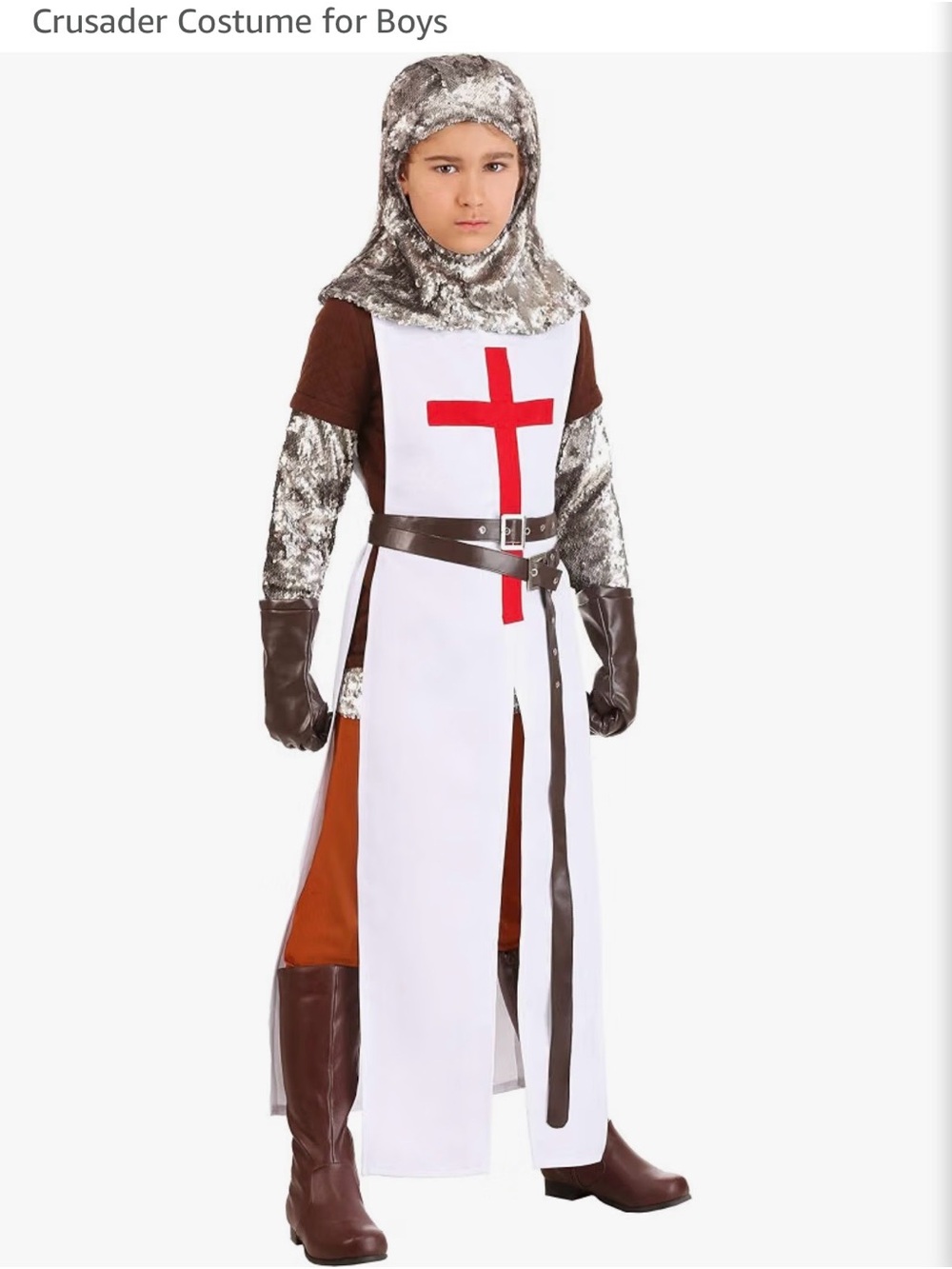 Crusader Knight Costume for Kids - White and Brown XL youth